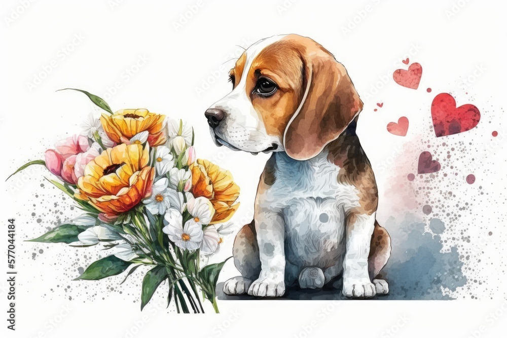 Little beagle puppy with a bouquet of flowers. Generative AI