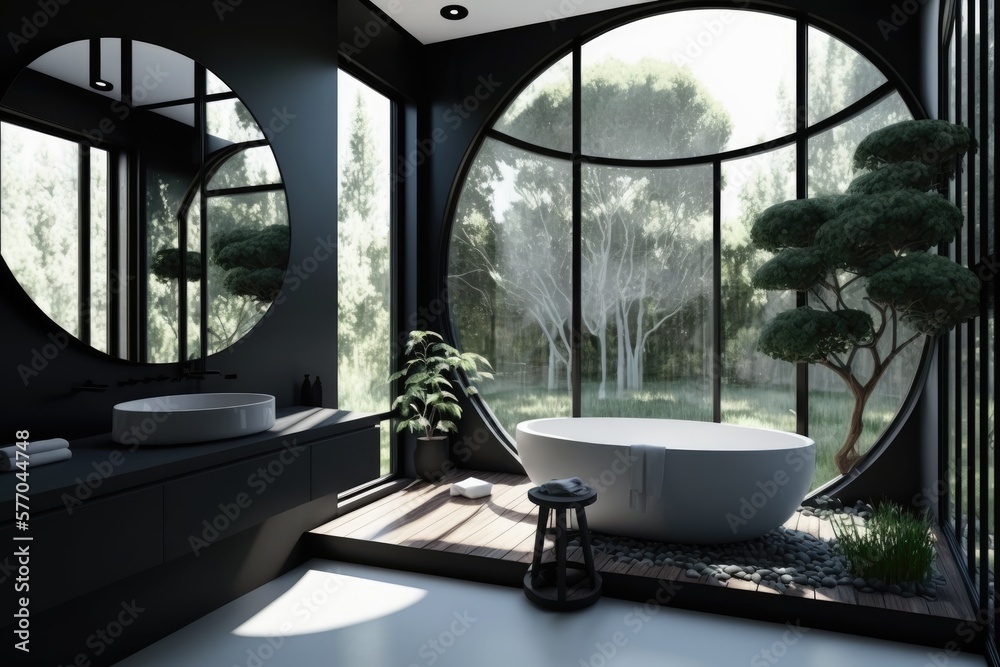 This black and wood bathroom features tall windows, a white circular tub, an angular sink, and a gla