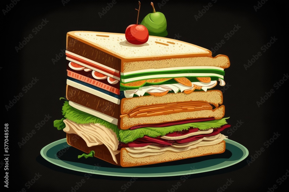 Club sandwich with veggies, ham, cheese, and fried toast, on a brown background. Image space for cop