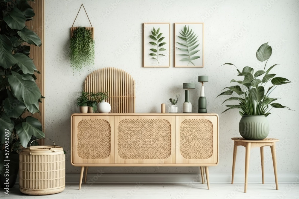 Mockup of a wall in a cozy living room, complete with a curved wooden sideboard, a trendy green plan