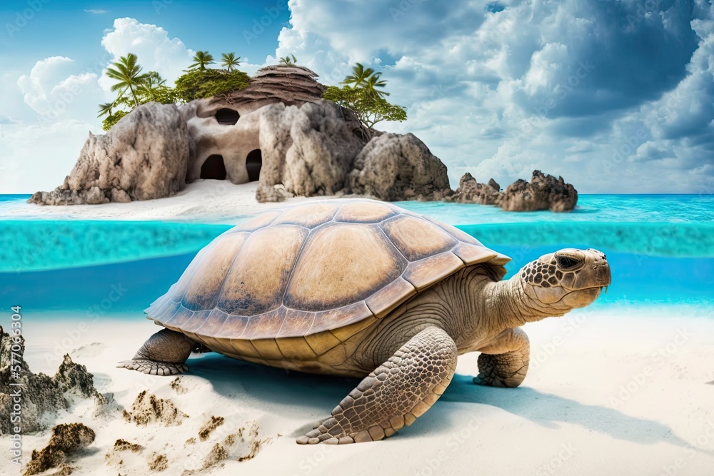 Sand beach and an Aldabra gigantic tortoise. Sea turtle in Seychelles, seen up close against a sceni