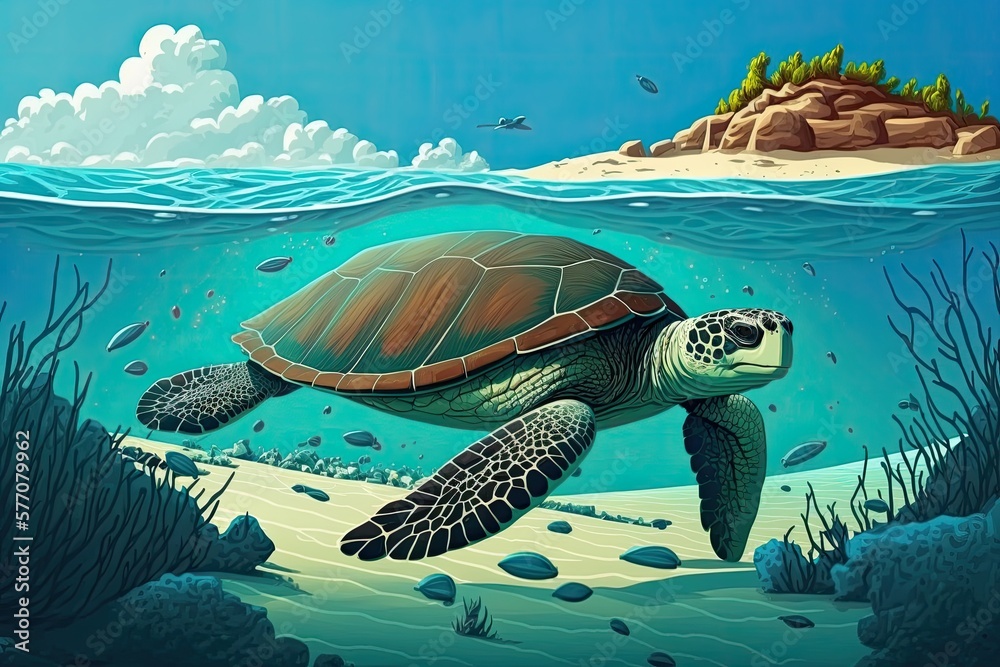 Under a blue sky and a calm sea, a green sea turtle glides over a sandy reef. Generative AI