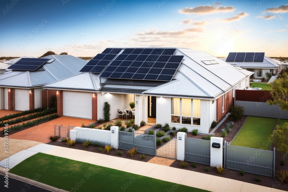 Installation of solar panels on suburban home roofs in South Australia. Generative AI