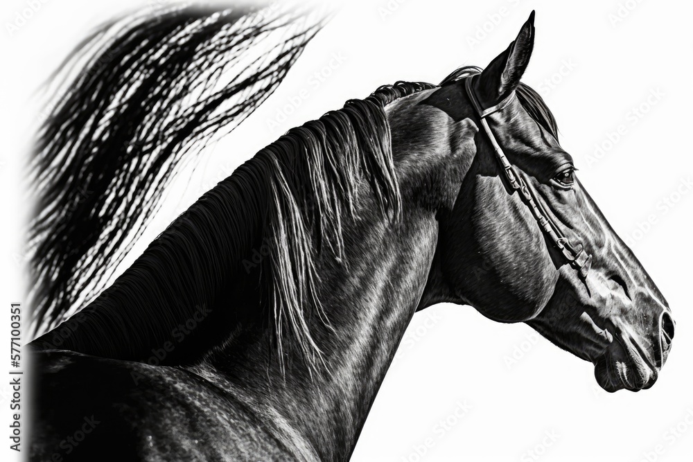 Photograph of a bay horse in profile on a white background. Generative AI