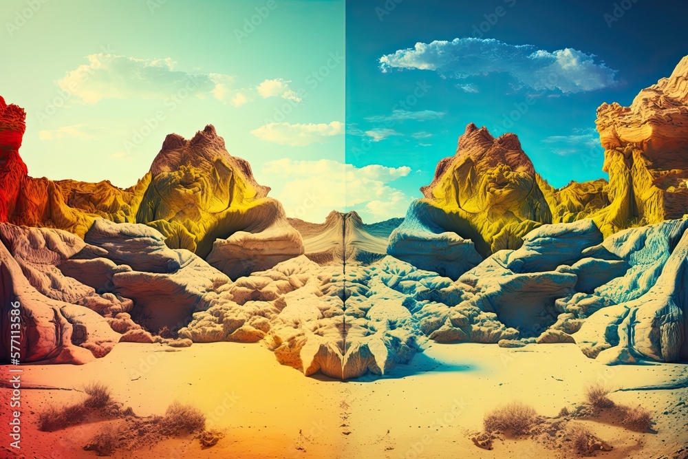 vibrant artistic panorama. Desert badlands in yellow. Imaginary, non material place where fiction ta