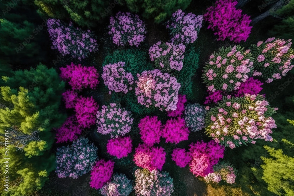 Aerial top down image of colorful blooming rhododendron shrubs among the trees in the Oasi Zegna, na