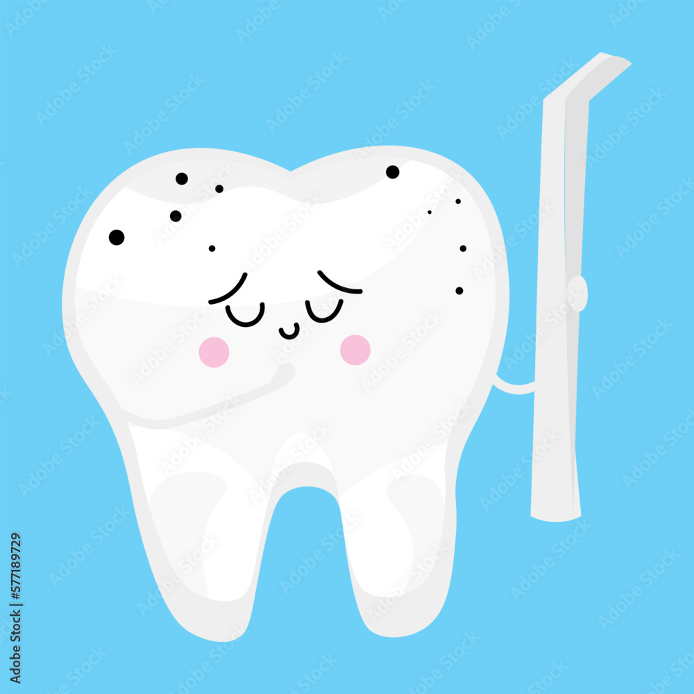 Tooth with decay and tweezers on light blue background