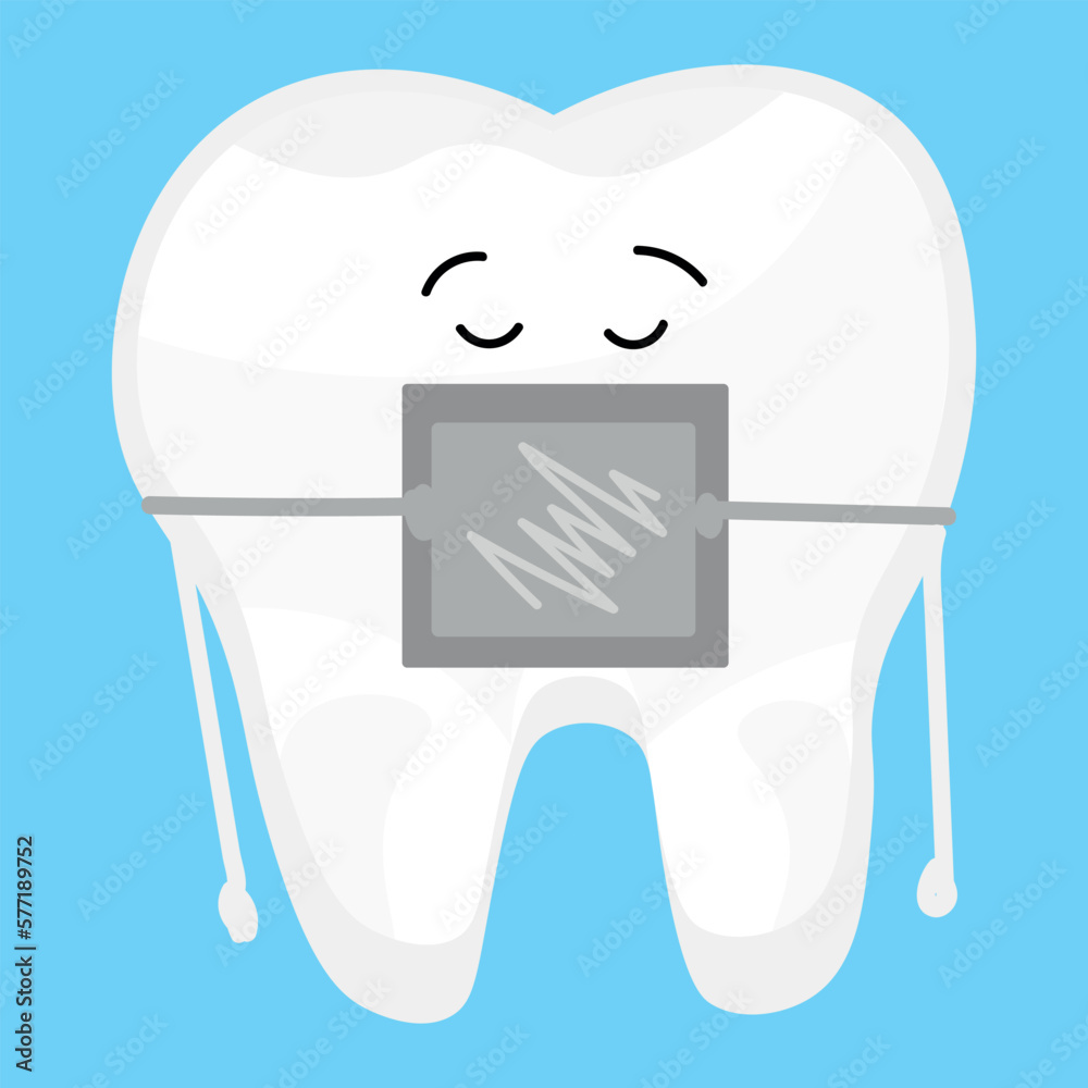 Tooth with dental brace on light blue background