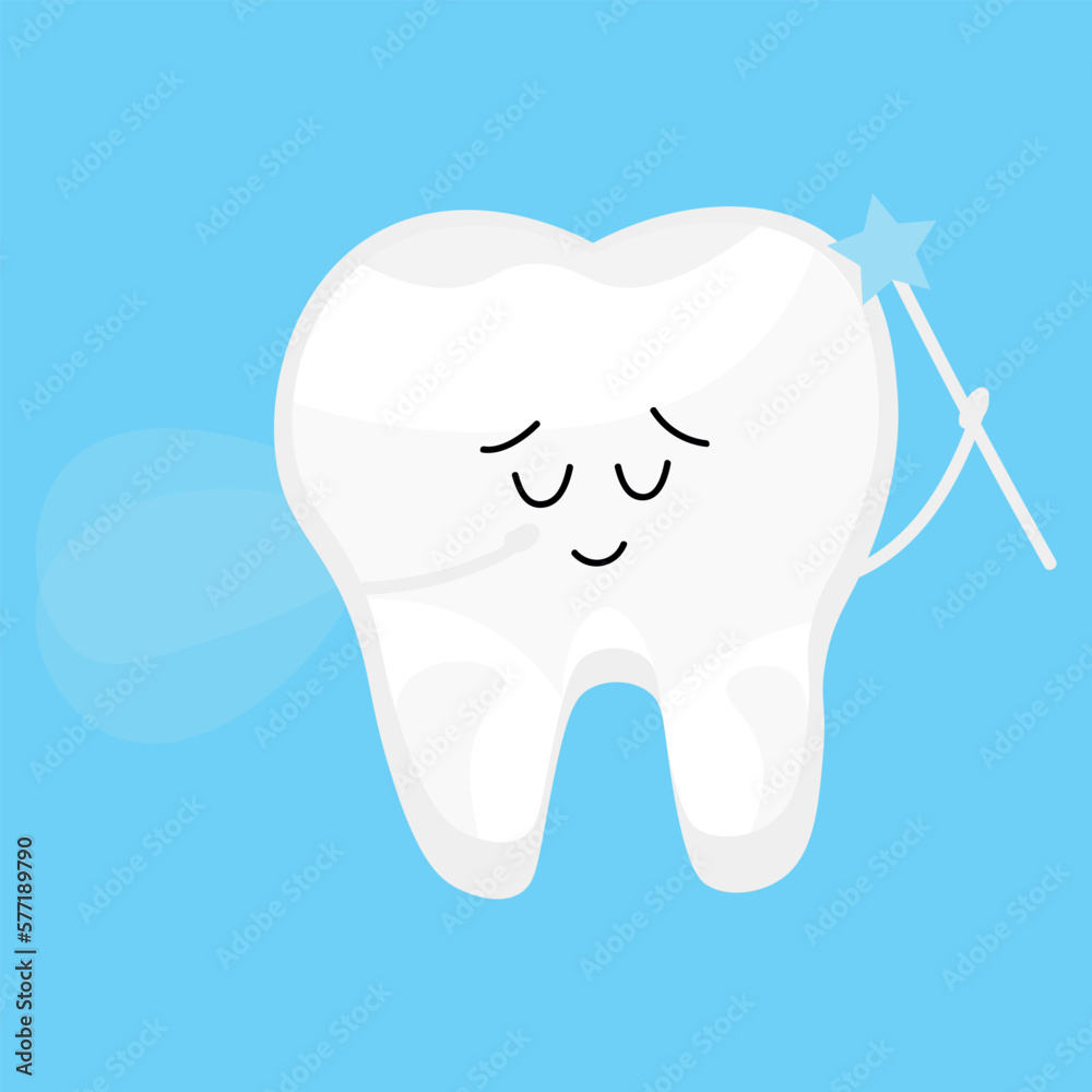 Tooth with magic wand and wings on light blue background