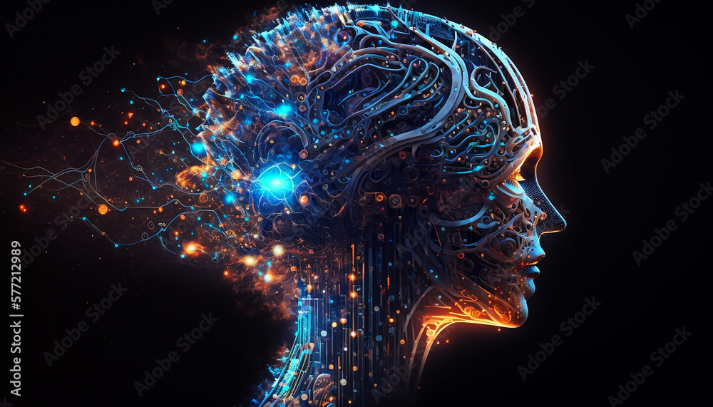 an illustration depicting an artificial intelligence with a digital brain, depicted as a humanoid cy