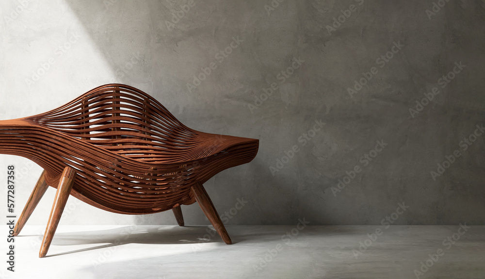 Brown wooden rattan chair with elegant retro design in clean, blank polished cement wall, floor room