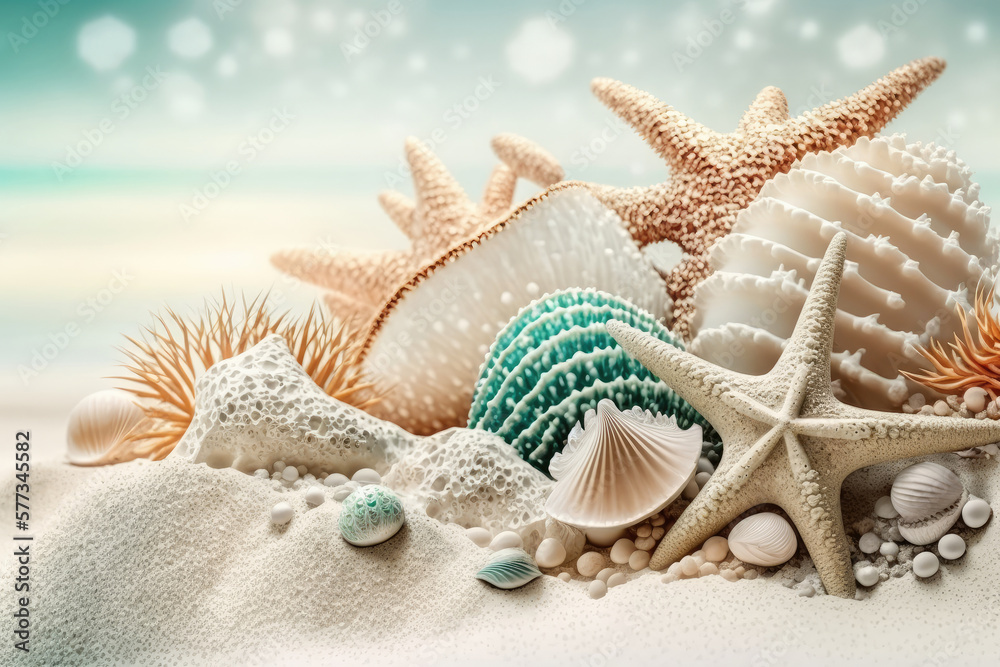 Beautiful shells, corals and starfish on pure white sand. Illustration AI Generative