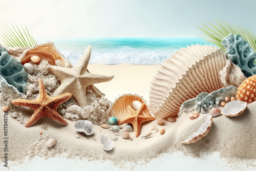 Beautiful shells, corals and starfish on pure white sand. Illustration AI Generative