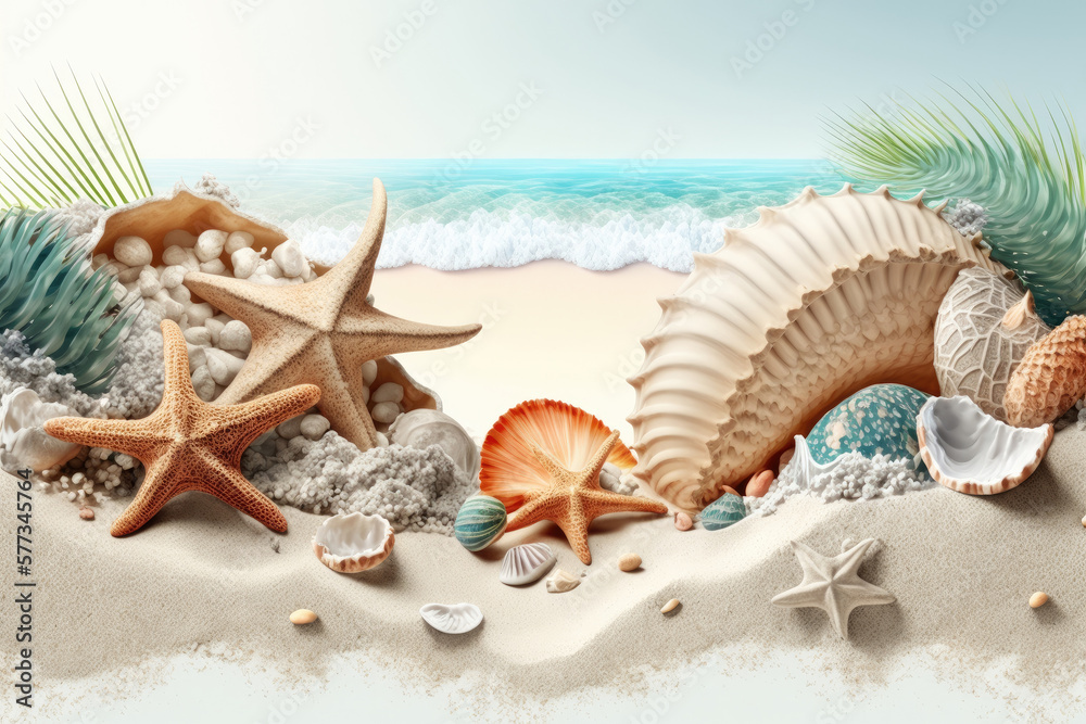 Beautiful shells, corals and starfish on pure white sand. Illustration AI Generative