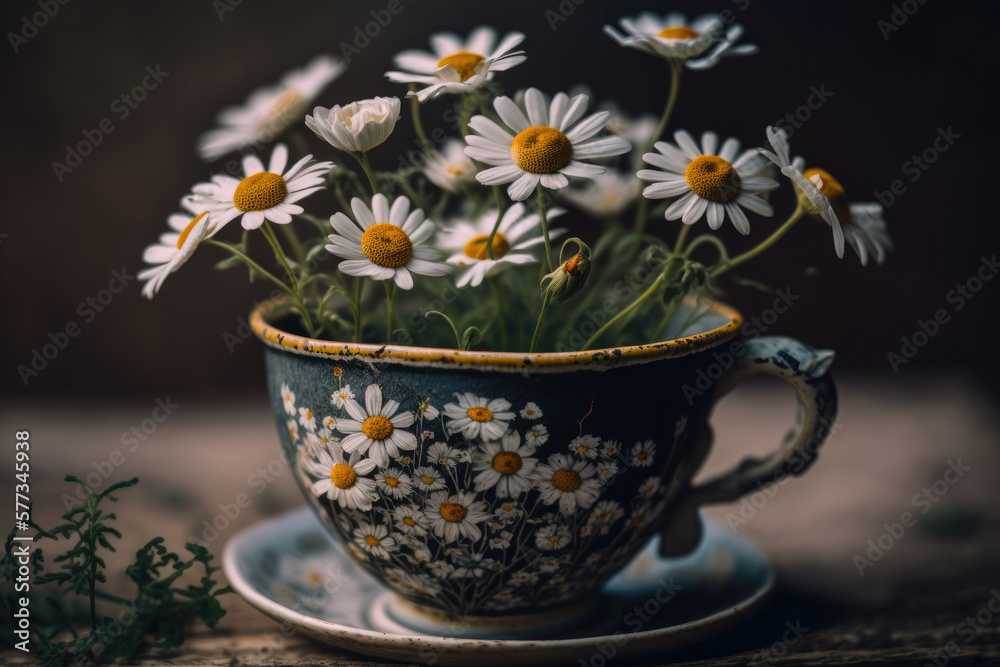 Chamomile flowers in cup. Illustration AI Generative