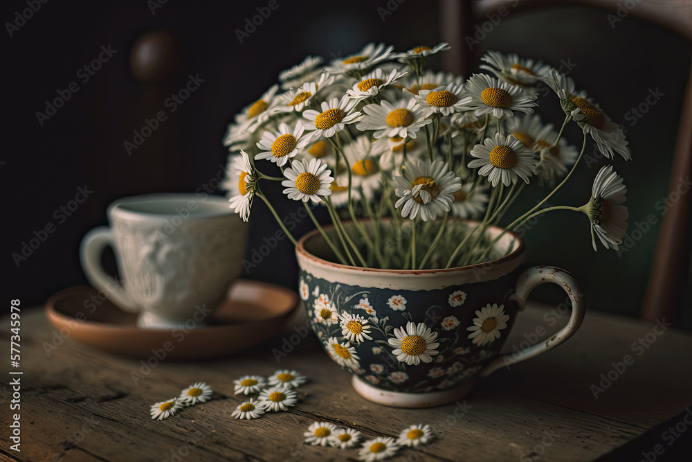 Chamomile flowers in cup. Illustration AI Generative