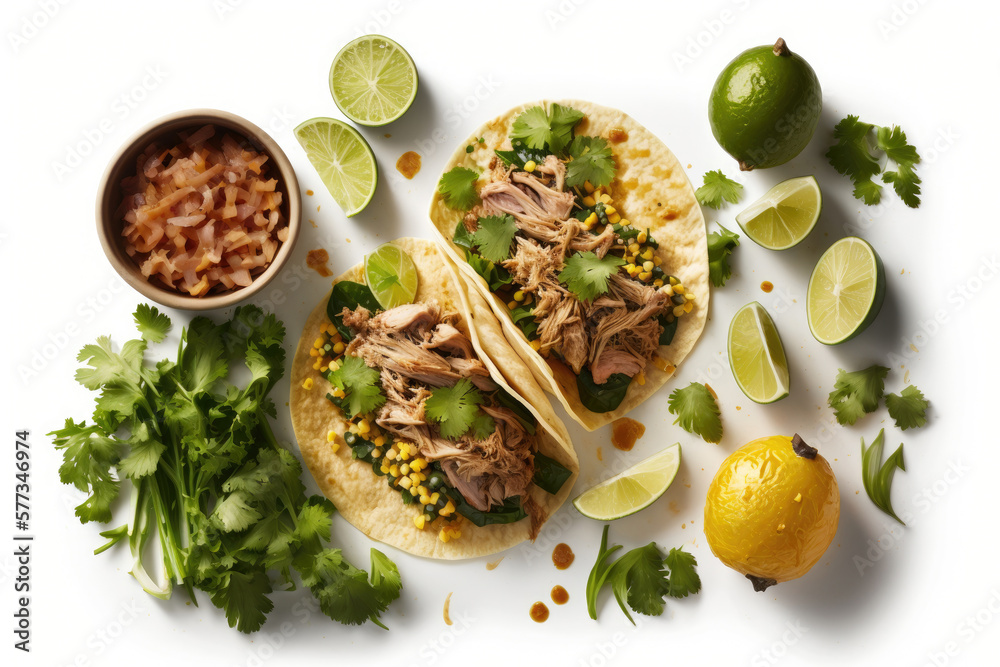 Mexican pork carnitas tacos. Illustration AI Generative