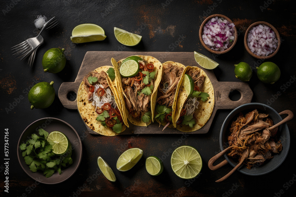 Mexican pork carnitas tacos. Illustration AI Generative