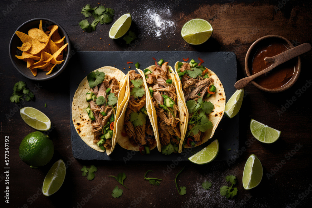 Mexican pork carnitas tacos. Illustration AI Generative