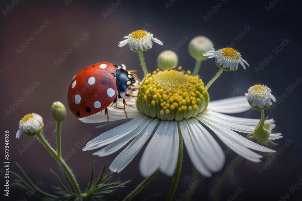 Ladybug with Daisy Flower. Illustration AI Generative