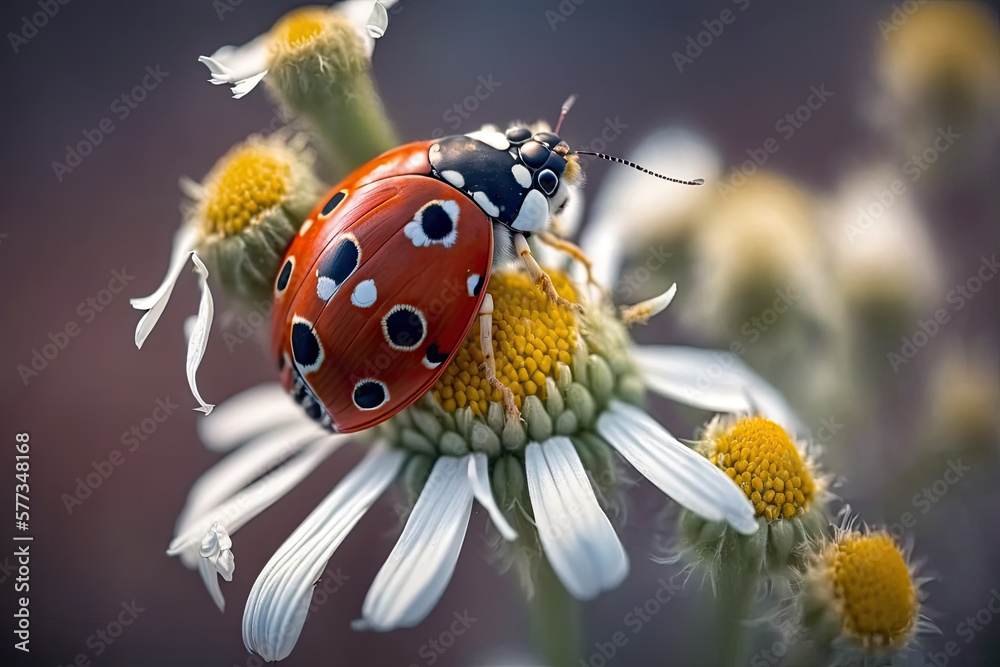 Ladybug with Daisy Flower. Illustration AI Generative