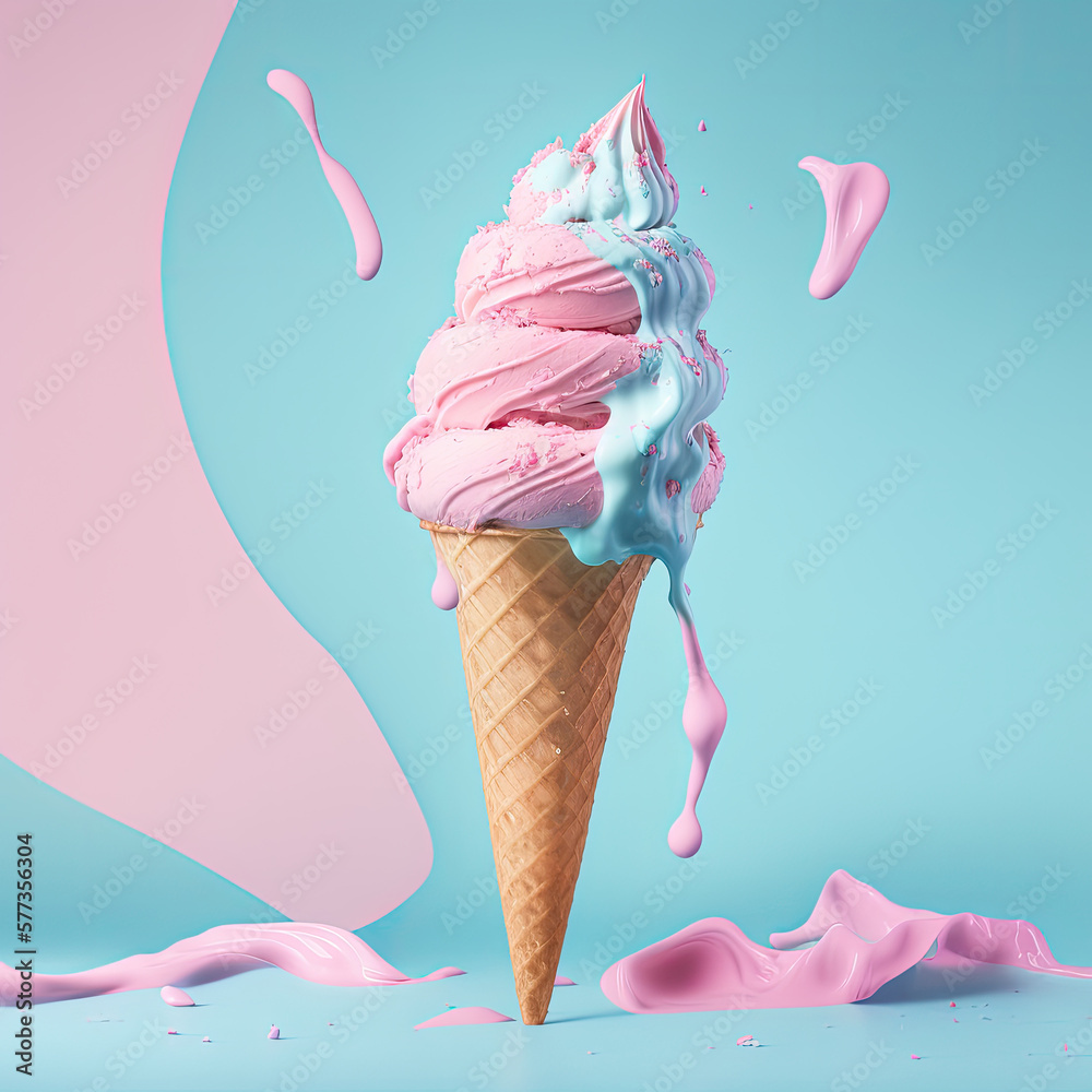 Pink and Blue Ice Cream. Illustration Generative AI