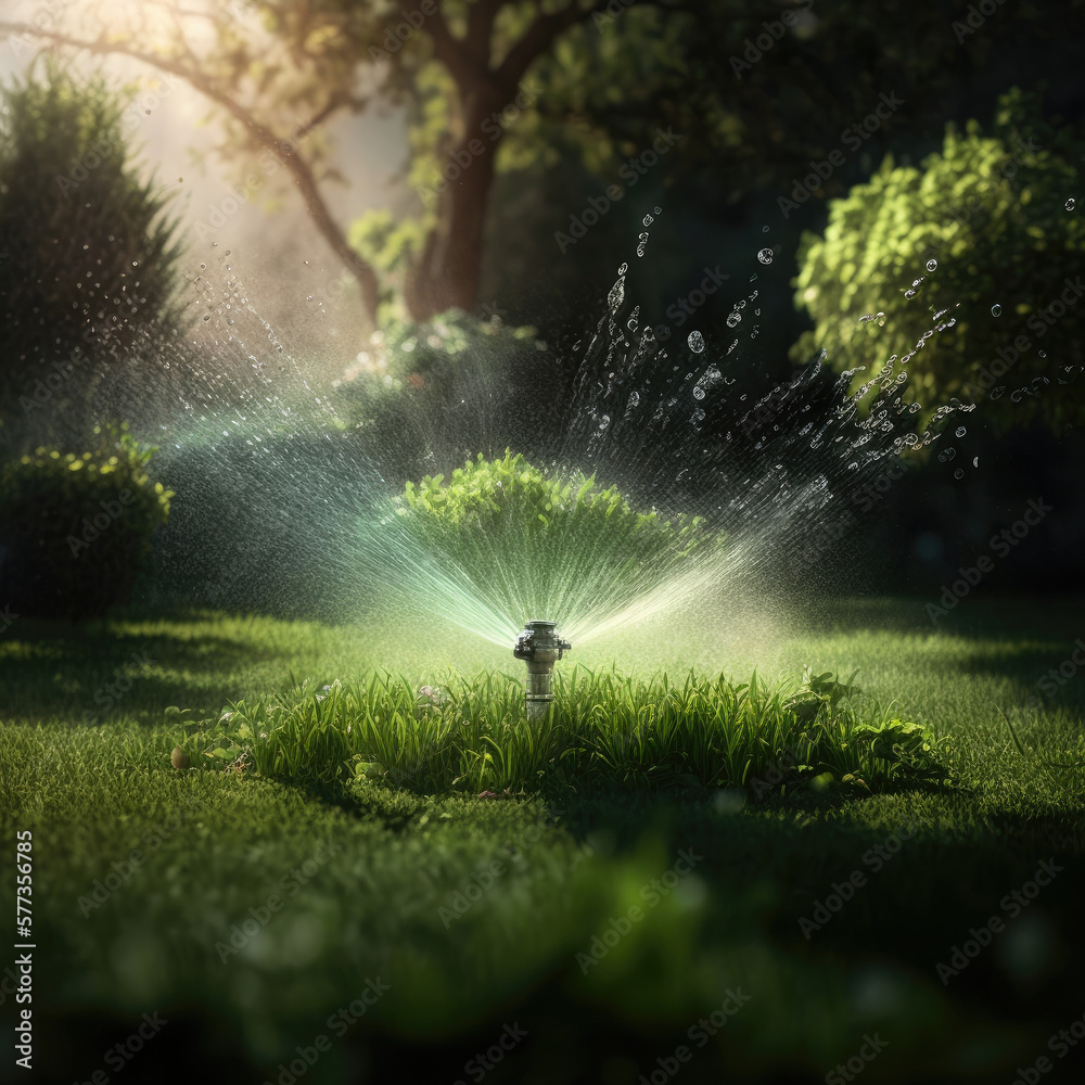 Sprinkler in Park Spraying Water on Lush Green Grass. Illustration AI Generative