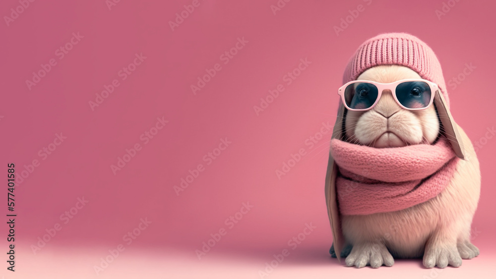 A cute easter bunny wearing a beanie, scarf and sunglass, pink background with copy space, Generativ