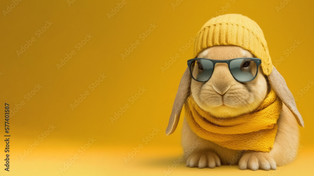 A cute easter bunny wearing a beanie, scarf and sunglass, yellow background with copy space, Generat