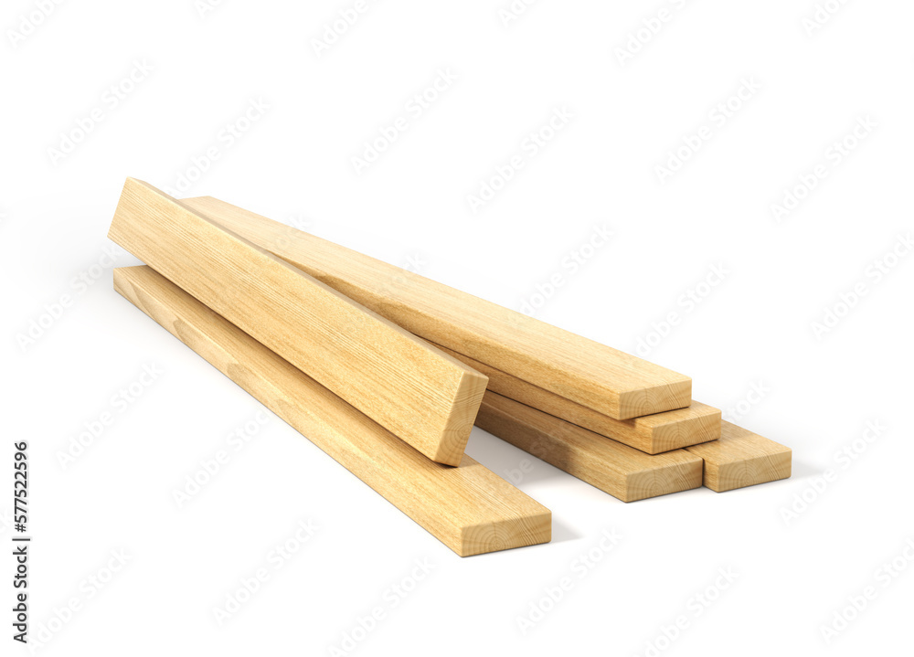 Wooden beams on a white background. 3d illustration