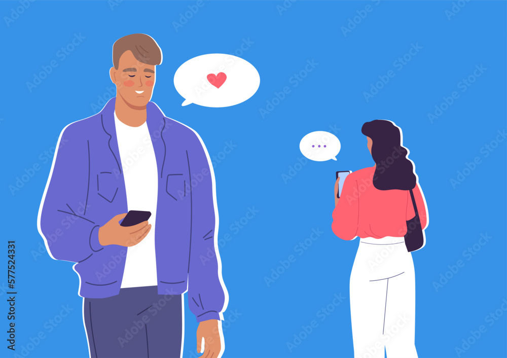 Young man chatting with young woman colorful vector illustration