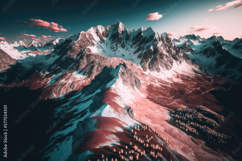 beautiful aerial shot of alpenstock mountains. Illustration AI Generative