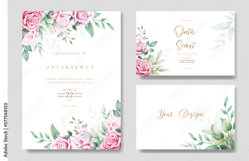 wedding invitation card with floral rose watercolor