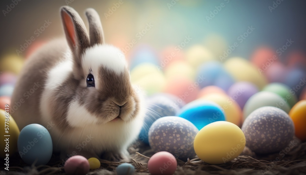 Cute festive easter bunny with easter eggs around him