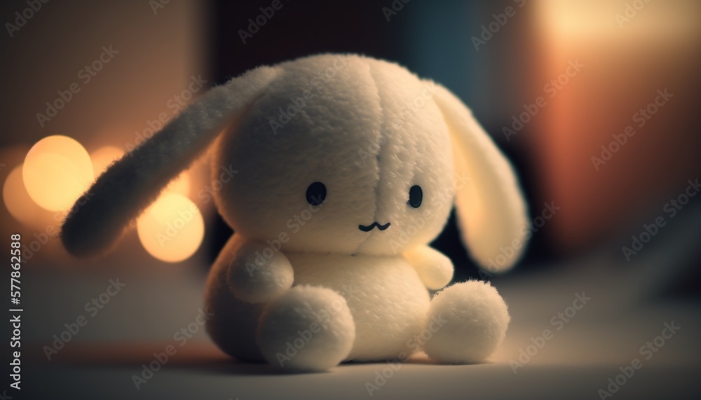 Cute plush  toy rabbit, sits, soft warm lighting, background blur