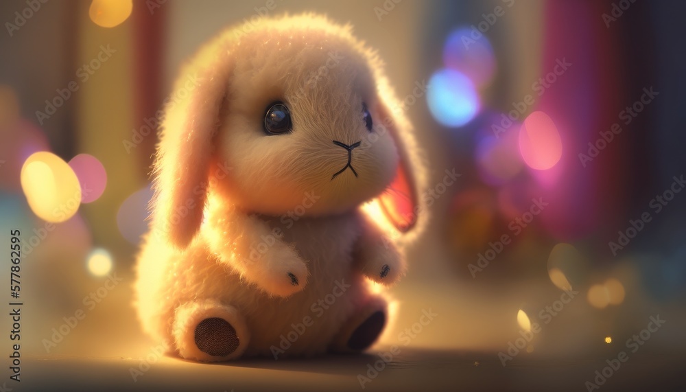 Cute plush  toy rabbit, sits, soft warm lighting, background blur