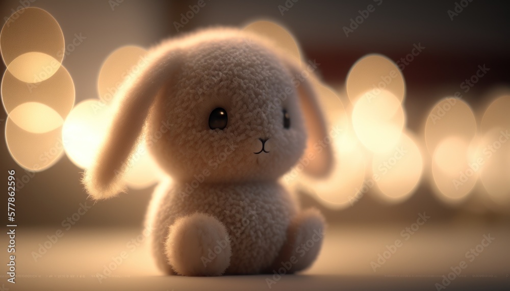 Cute plush  toy rabbit, sits, soft warm lighting, background blur