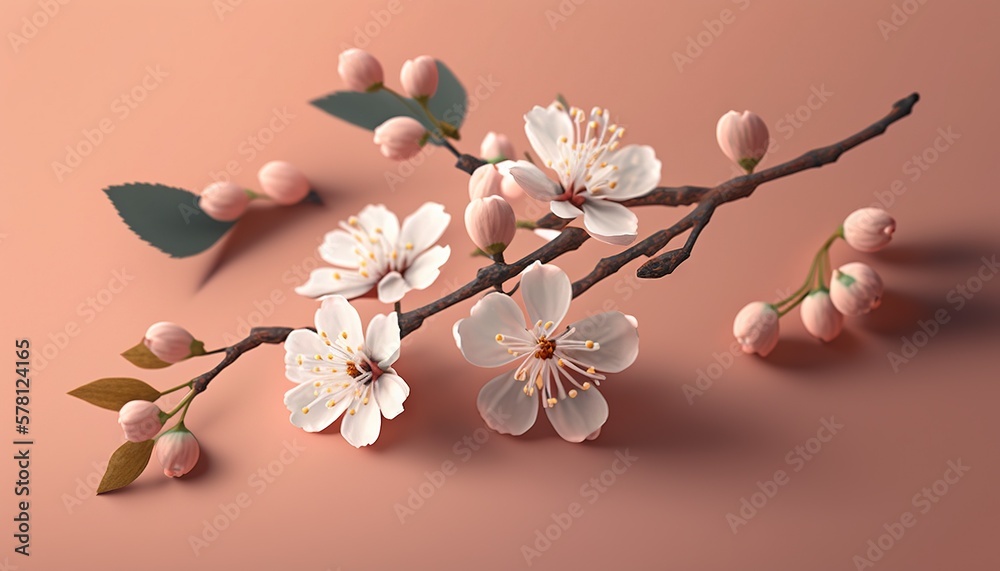 Close up of sakura flowers branch on a sunny day. Cherry blossom flowers. Generative AI