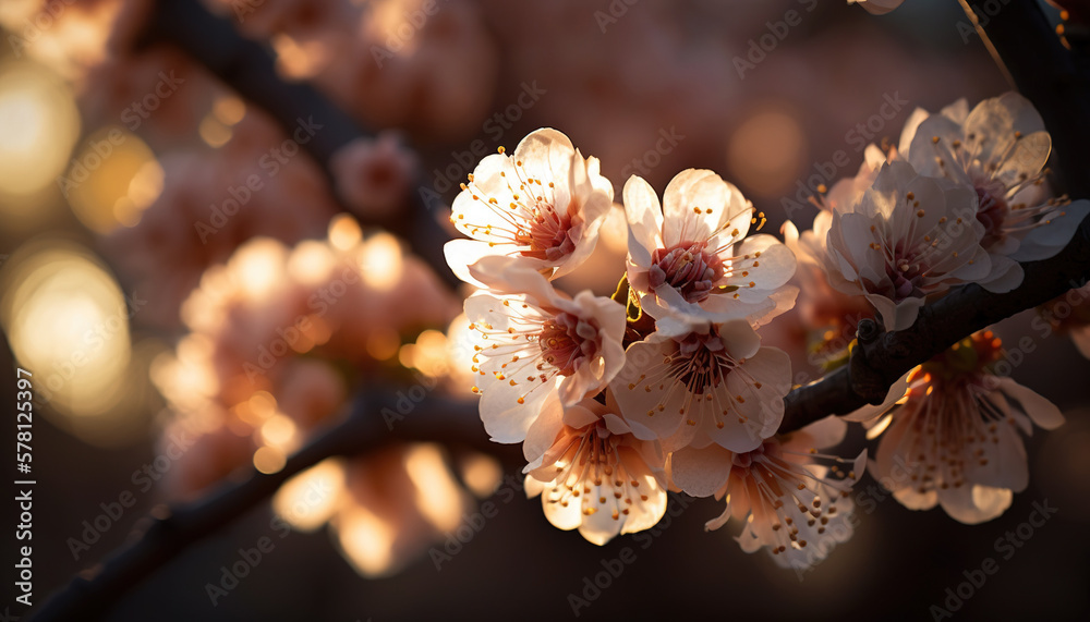 Close up of sakura flowers branch on a sunny day. Cherry blossom flowers. Generative AI