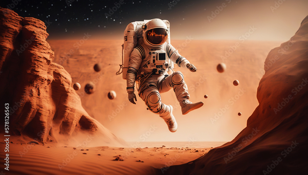 Astronaut jumping on a soil of alien rocky planet. Generative AI.