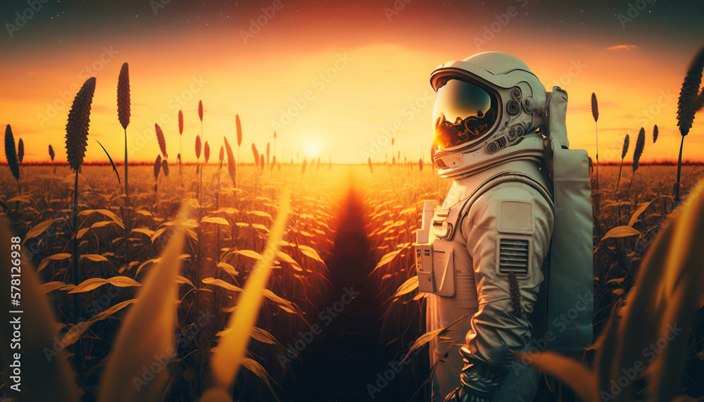 Astronaut standing in the field on a golden sunset. Generative AI.