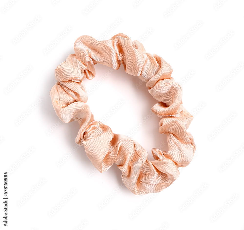 Stylish silk scrunchy isolated on white background