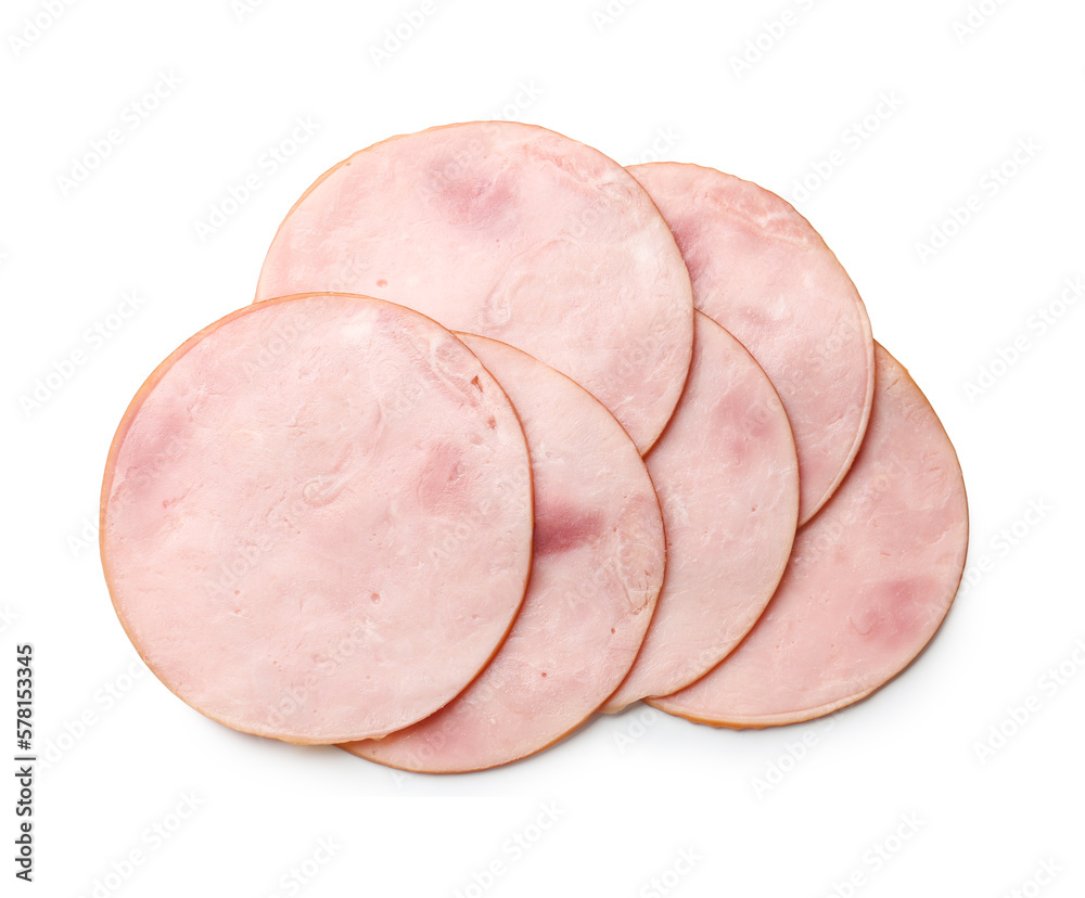 Delicious ham slices isolated on white background