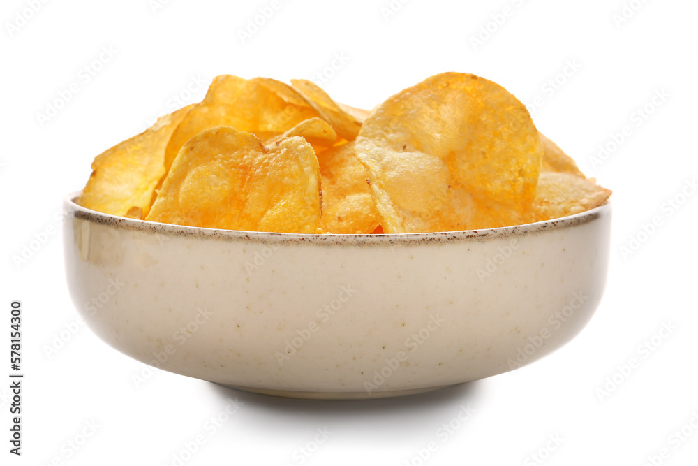 Bowl with delicious potato chips isolated on white background