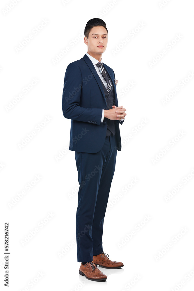 A poised businessman, with hands clasped together, contemplating marketing strategies in preparation