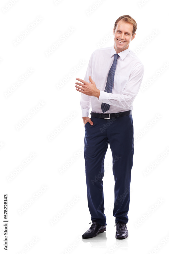 A formally dressed young man pointing out or indicating an empty space that could be utilized for a 