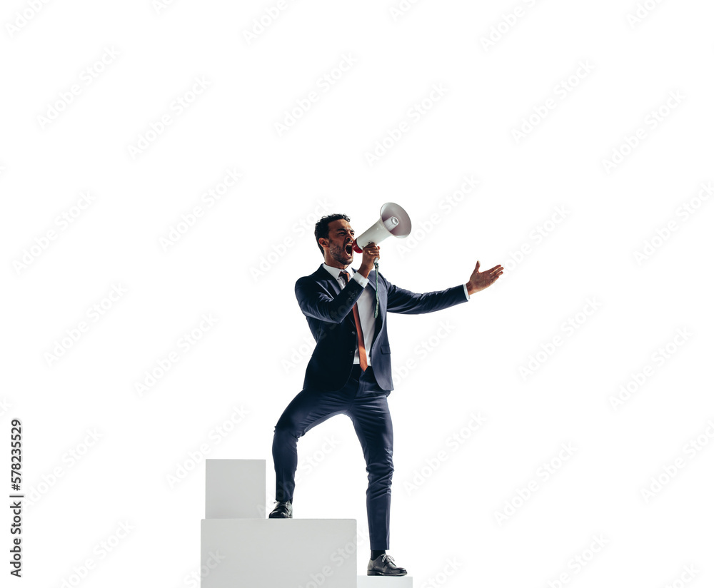 Young businessman celebrating his success with a megaphone on a transparent background