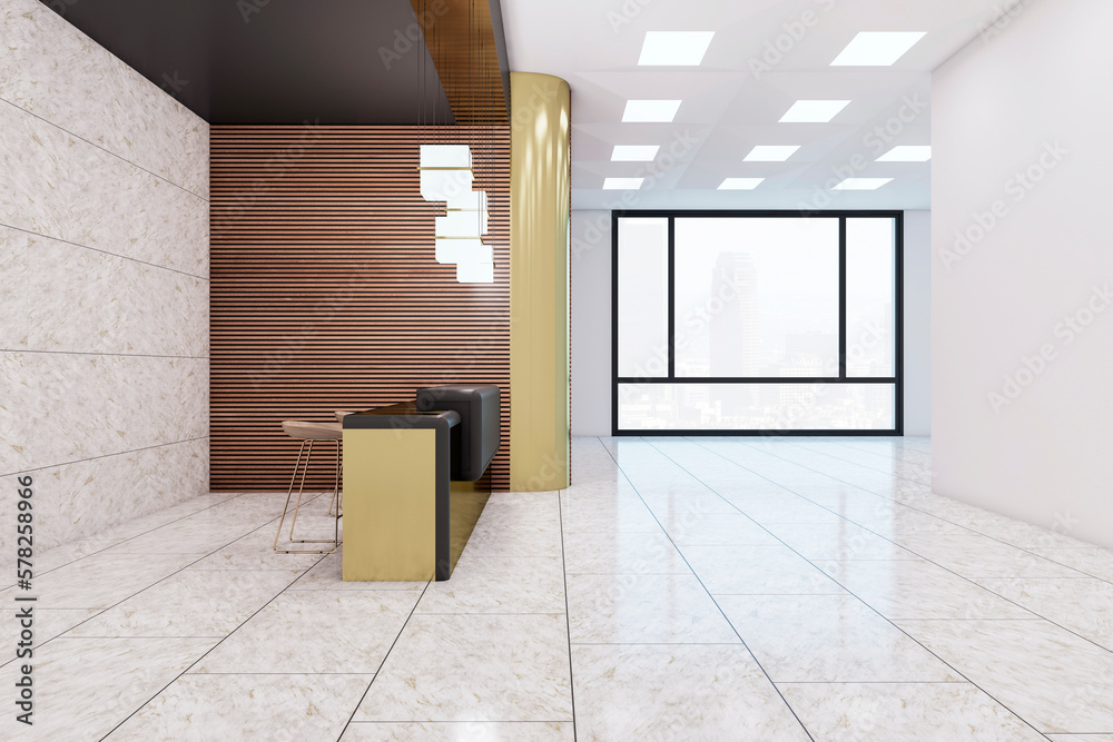 Side view on spacious business center office hall with stylish dark and golden reception desk, light