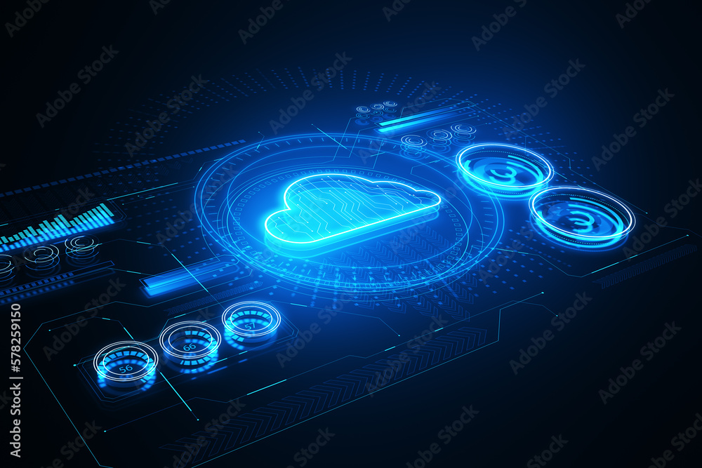 Glowing cloud computing hologram on dark background. 3D Rendering.