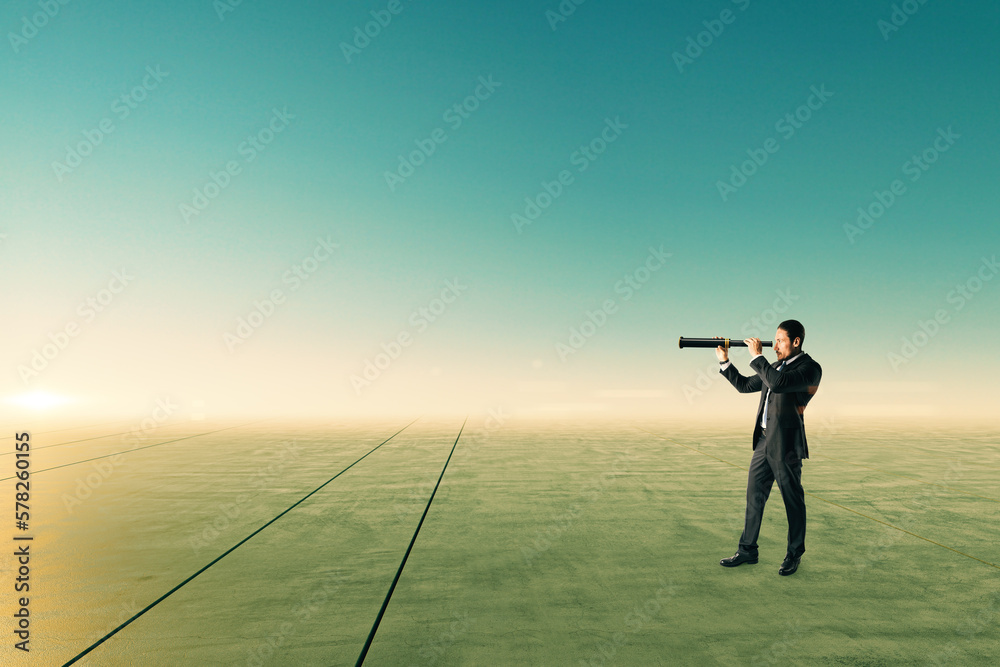 Businessman with telescope looking into the distance on abstract bright sky and ground background wi